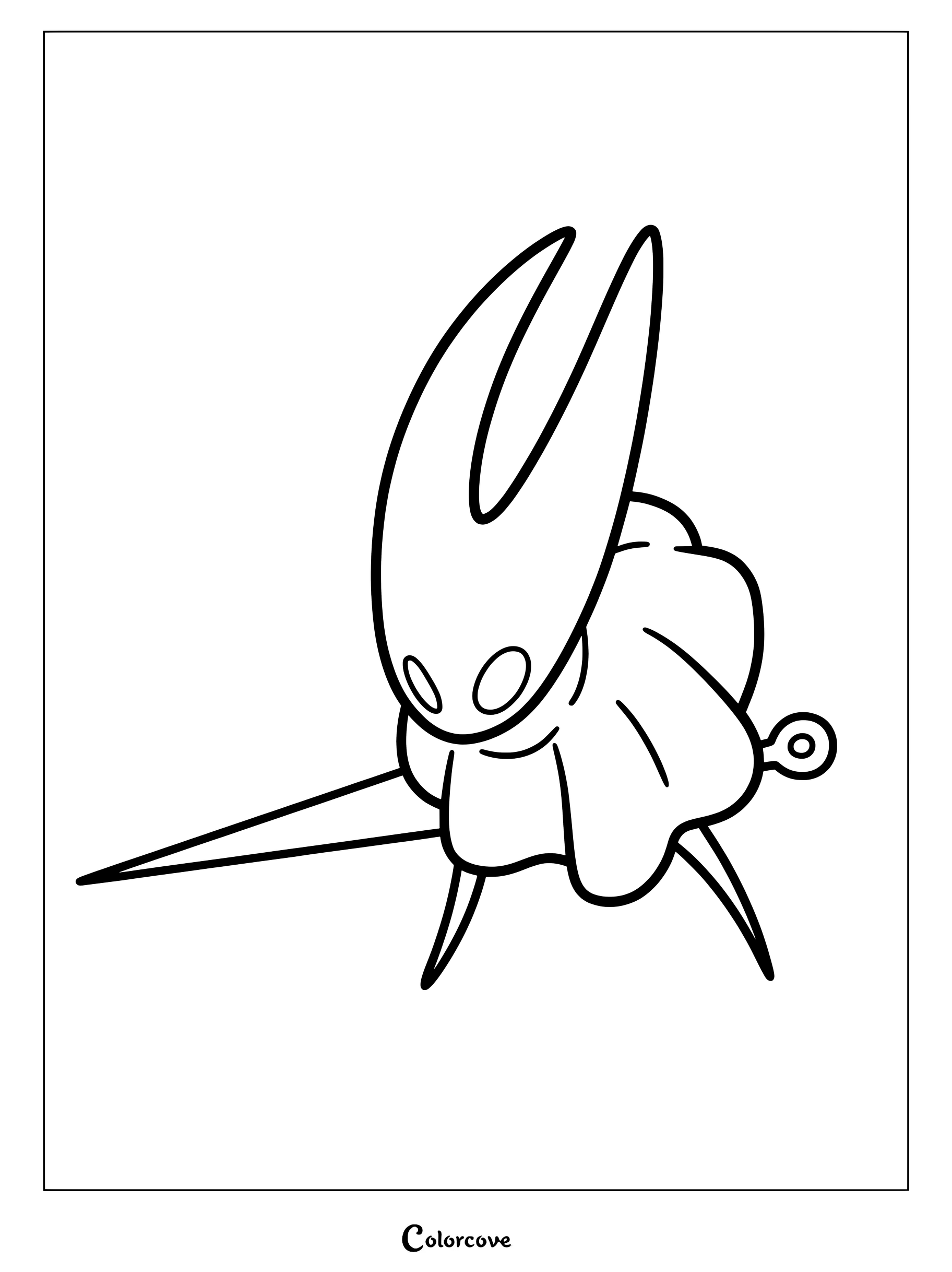 Hornet from Hollow Knight holding her needle in a dynamic pose, printable coloring page.