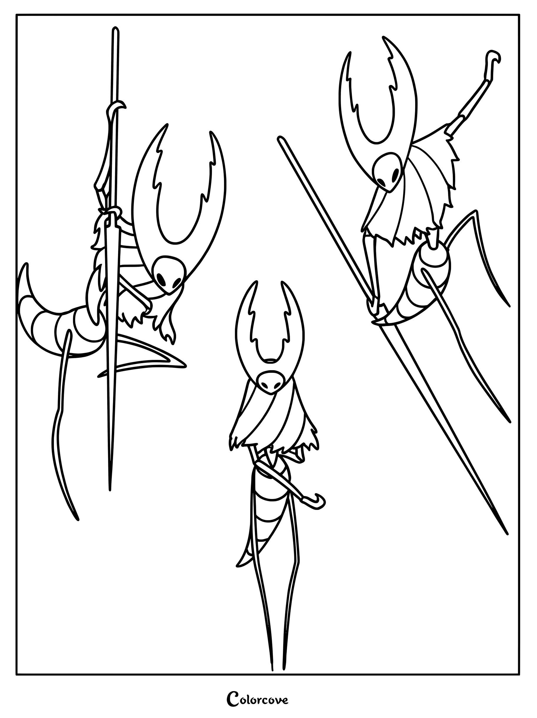 The three Mantis Lords from Hollow Knight in dynamic combat poses, featured in a detailed line art coloring page.