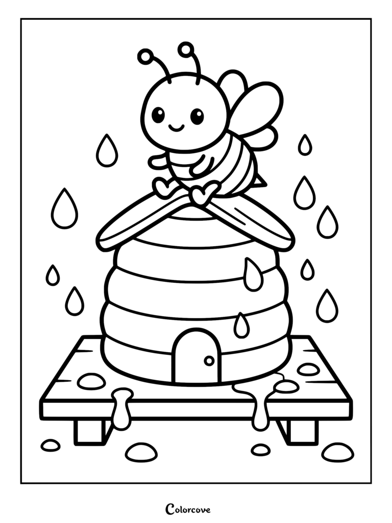 A cute cartoon honey bee sitting on top of a dripping beehive in this printable coloring page.