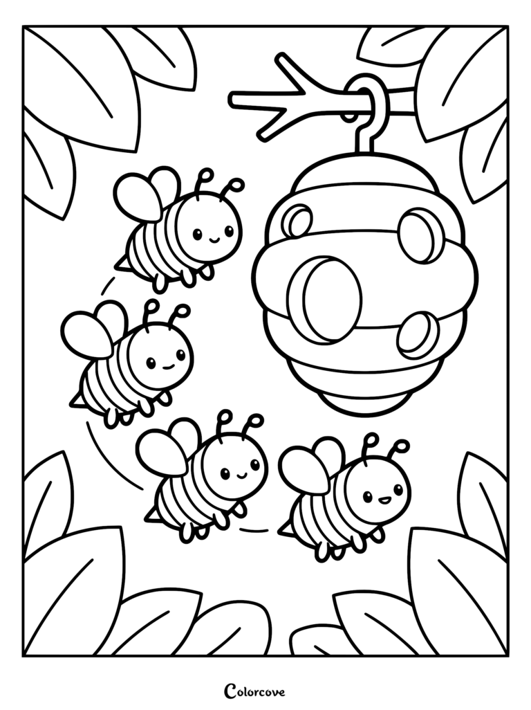 Four cute honey bees flying in a circle around a hanging beehive in a forest coloring page.