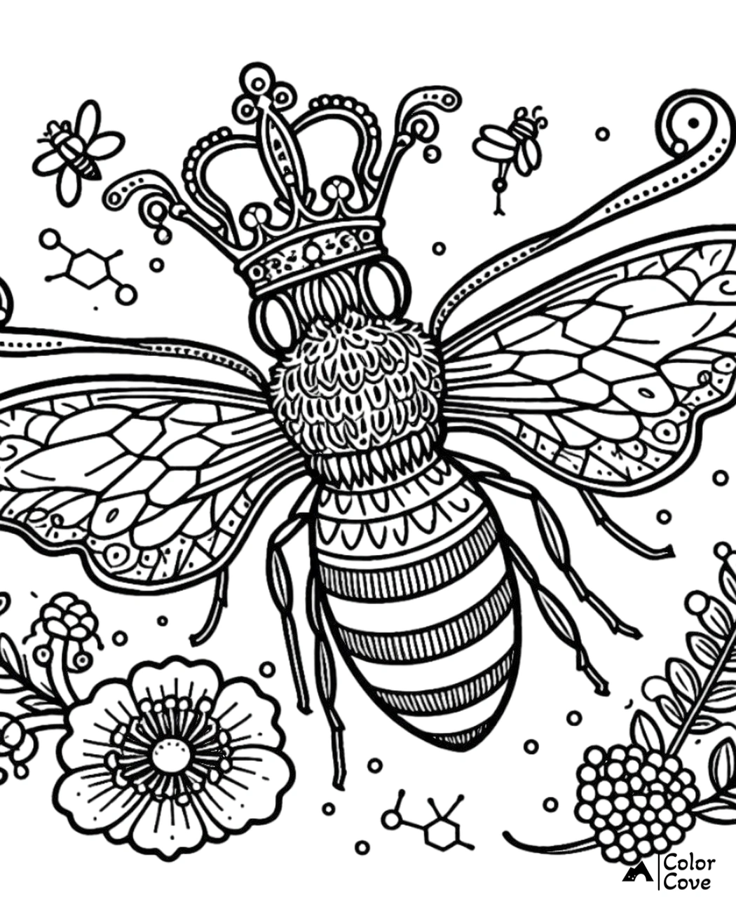 a drawing of a bee with a crown and flowers