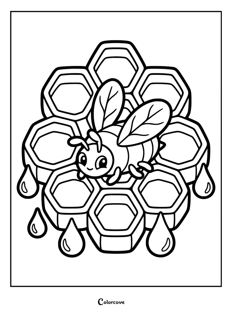 A cute honey bee resting on a honeycomb with dripping honey in this printable coloring page.