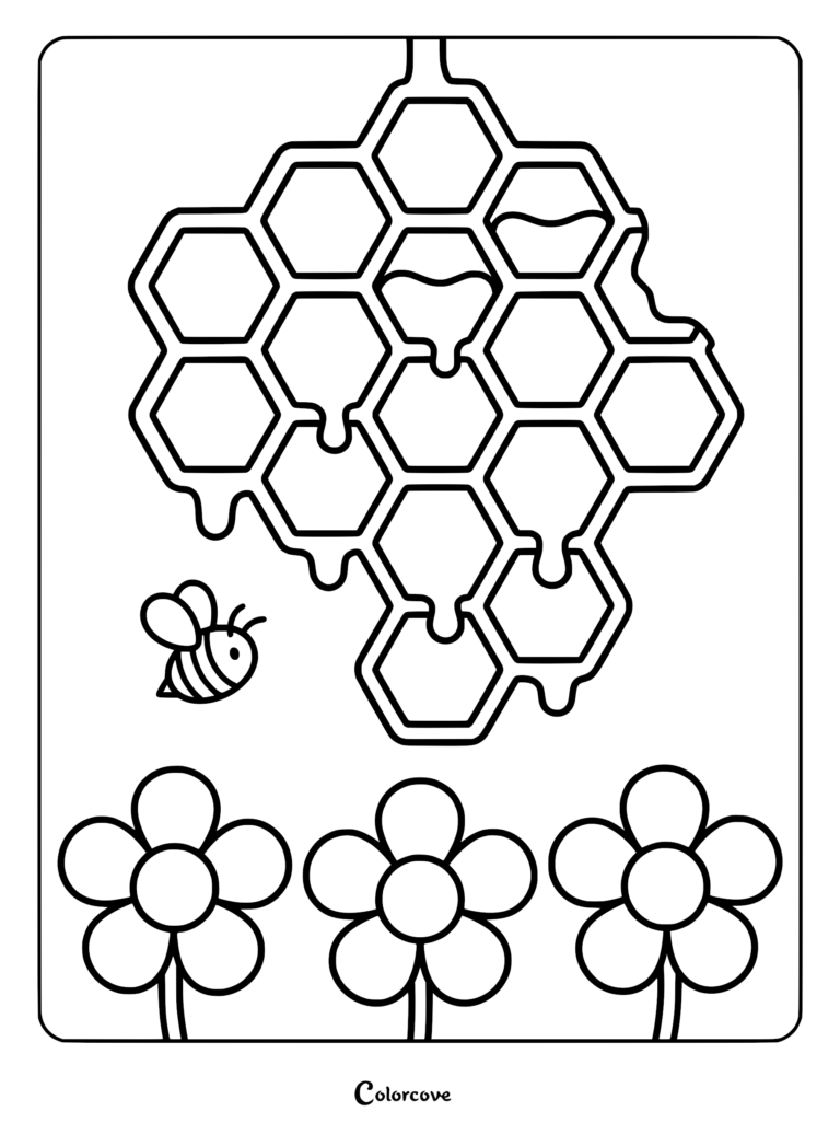 A simple coloring page featuring a cute honey bee flying near a dripping honeycomb above three flowers.