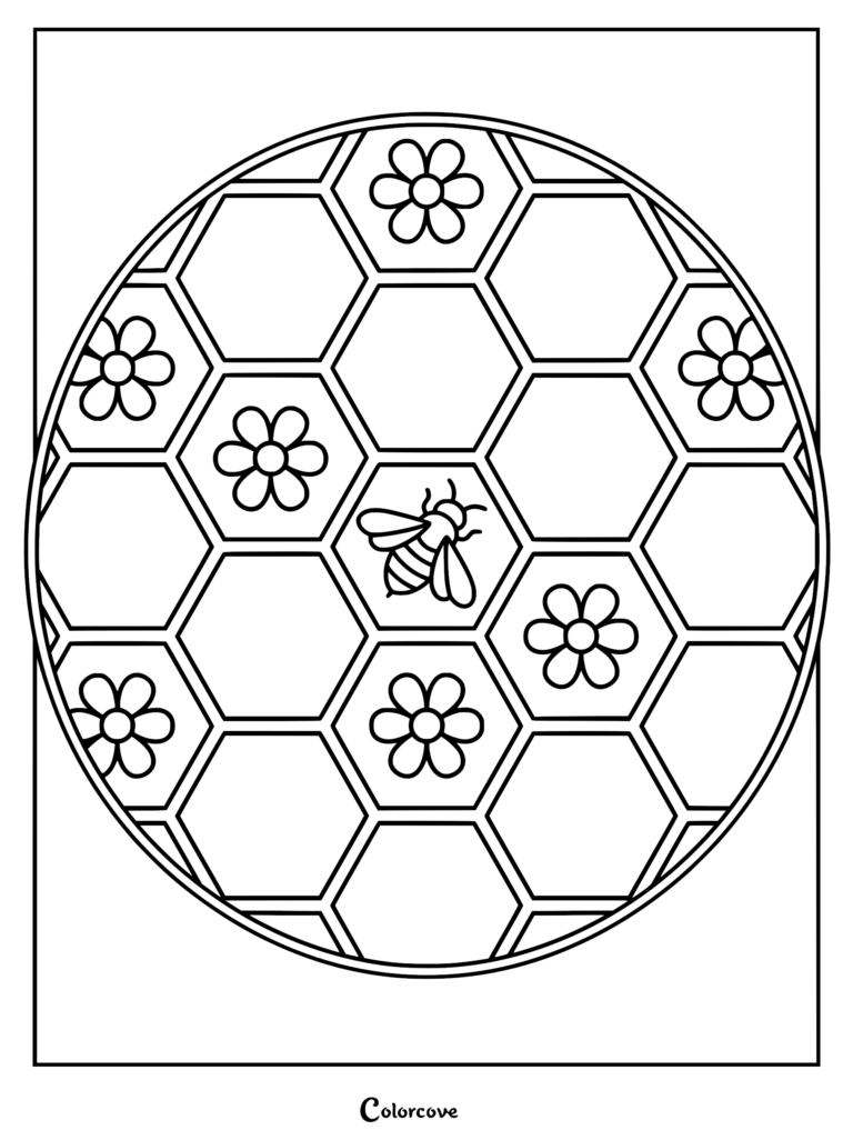 A circular coloring page featuring a central honey bee surrounded by a geometric honeycomb pattern interspersed with simple flower shapes.