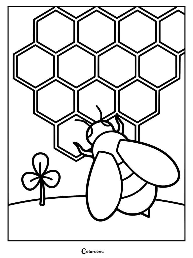 A simple line art coloring page featuring a cartoon honey bee perched near a large honeycomb structure with a small clover plant nearby.