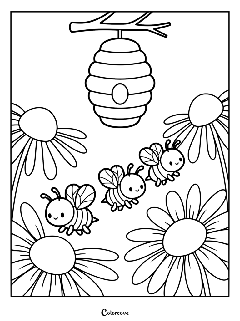 Three cute honey bees flying near a hanging beehive and large daisies in this printable coloring page.