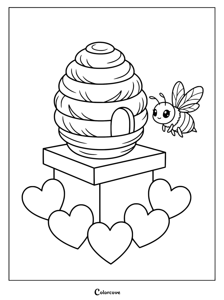 A cute honey bee flying next to a beehive on a pedestal surrounded by hearts in this printable coloring page.