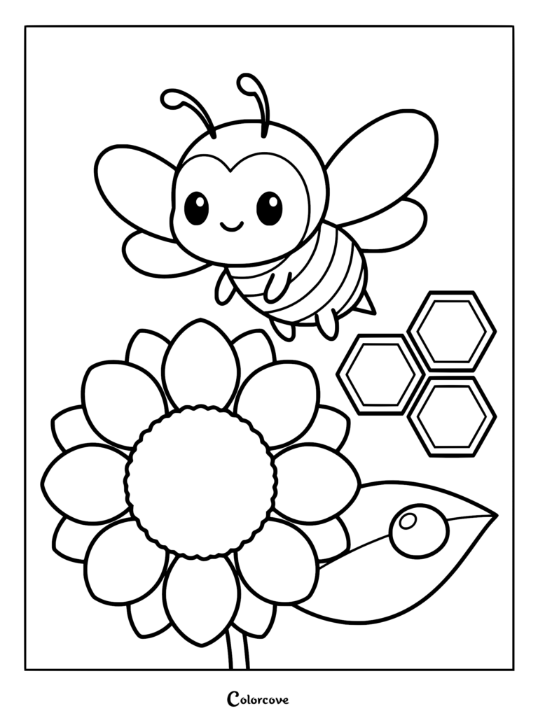 A smiling cartoon honey bee flying above a large sunflower next to three honeycomb cells in this printable coloring page.