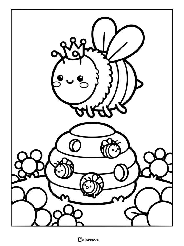 A cute queen bee wearing a crown flying above a beehive with three small bees peeking out in this printable coloring page.
