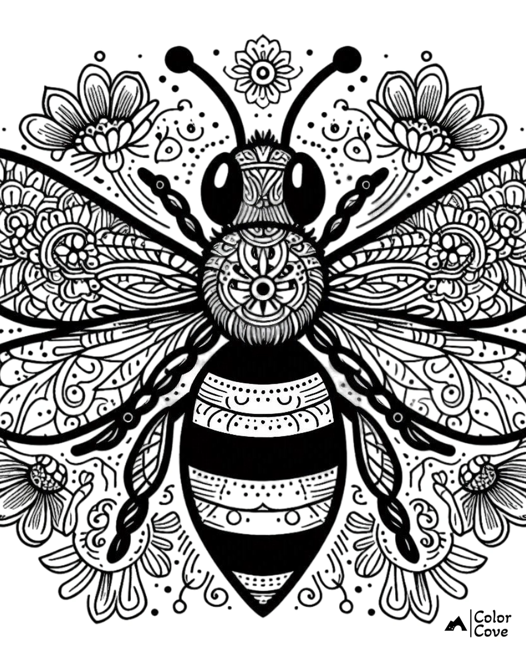 a black and white drawing of a bee