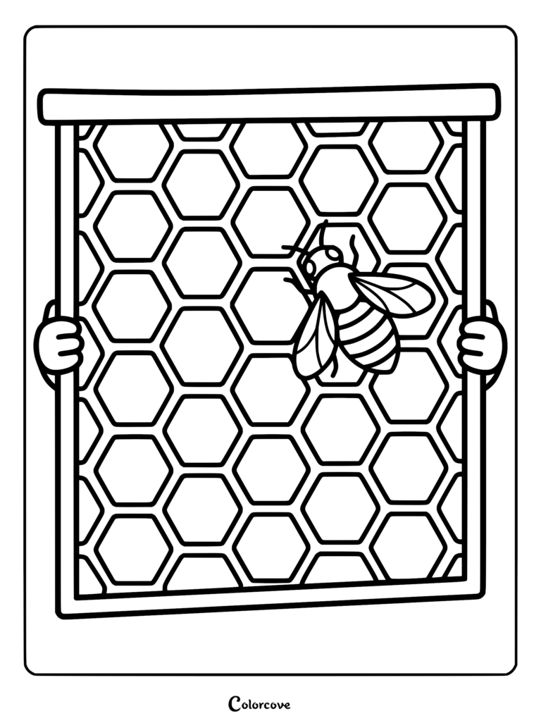 A honey bee resting on a hexagonal honeycomb frame held by two hands, black and white coloring page.