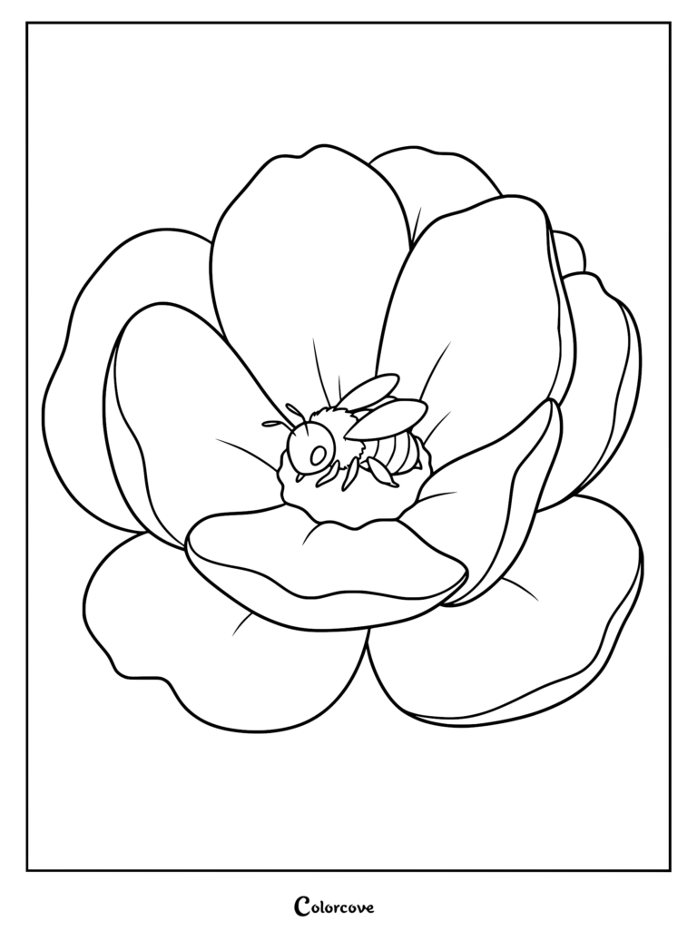 A cute honey bee resting in the center of a large blooming flower in this printable coloring page.