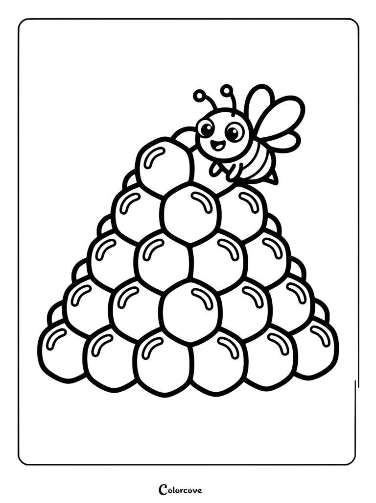A happy cartoon honey bee perched on top of a stacked honeycomb coloring page.