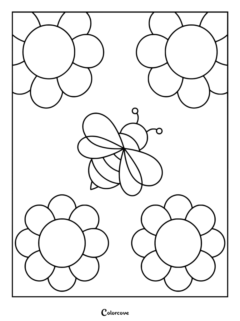 A simple honey bee flying in the center surrounded by four large daisy-like flowers on this printable coloring page.