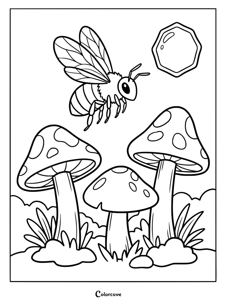 A cute honey bee flying above three spotted mushrooms in a forest setting, coloring page style line art.