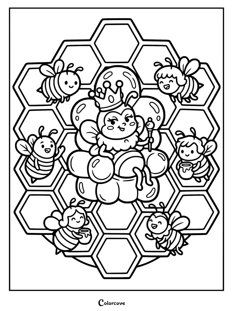 A cute Queen Bee wearing a crown and holding a scepter, surrounded by five worker bees in a honeycomb coloring page.