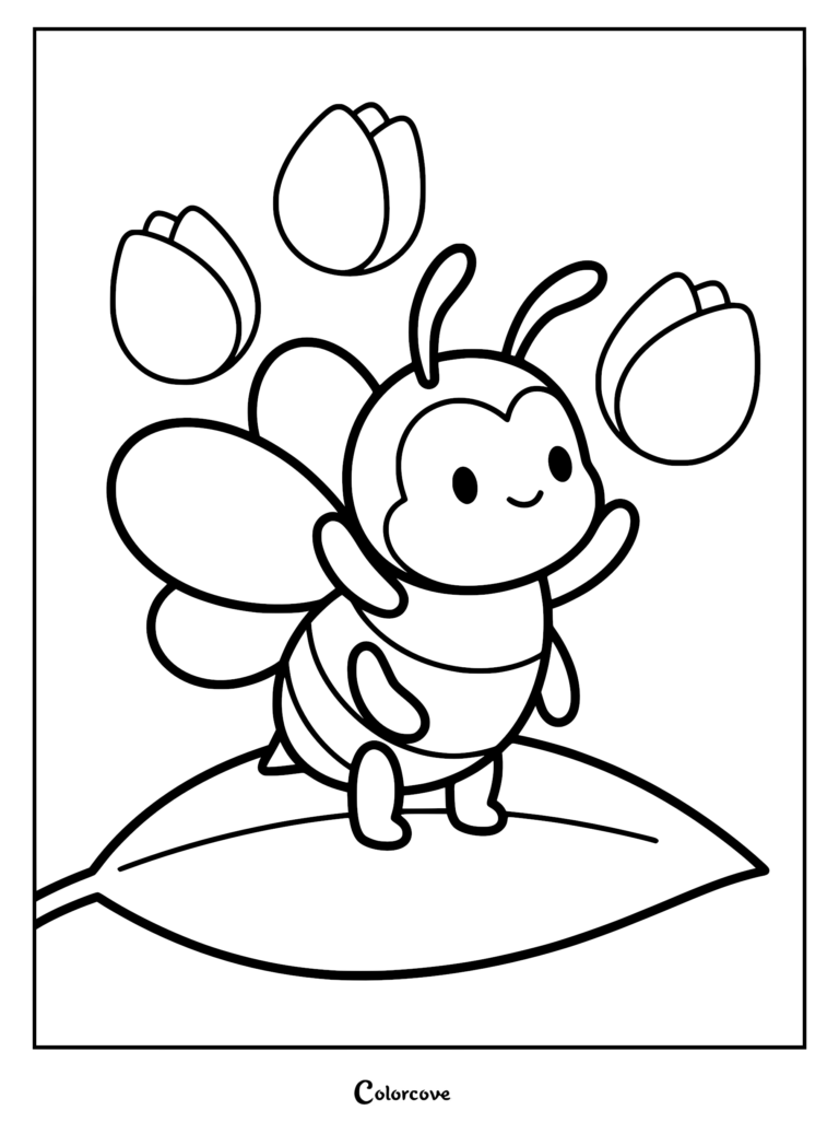 A cute cartoon honey bee standing on a large leaf surrounded by three floating tulip flowers in this printable coloring page.