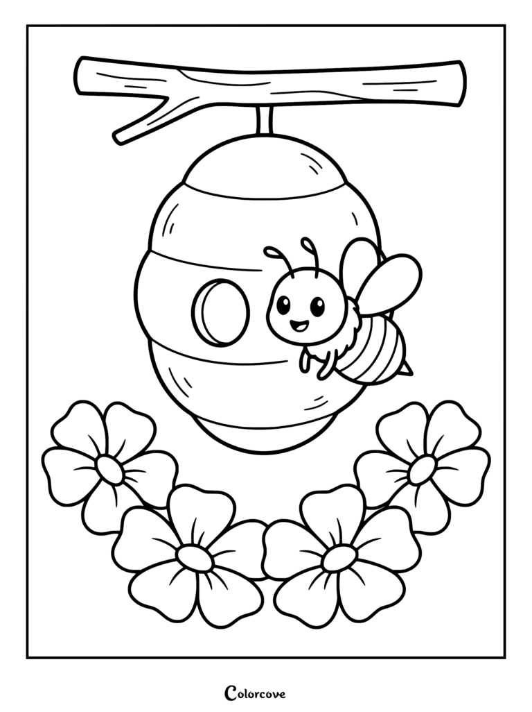 A smiling honey bee perched on a round beehive hanging from a tree branch, surrounded by four simple flowers in this coloring page.