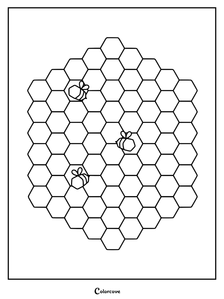 Three small honey bees resting inside individual cells of a large hexagonal honeycomb pattern coloring page.
