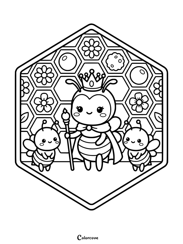 A cute Queen Bee wearing a crown and holding a scepter, flanked by two small worker bees inside a hexagonal honeycomb background with flowers and bubbles, line art coloring page.