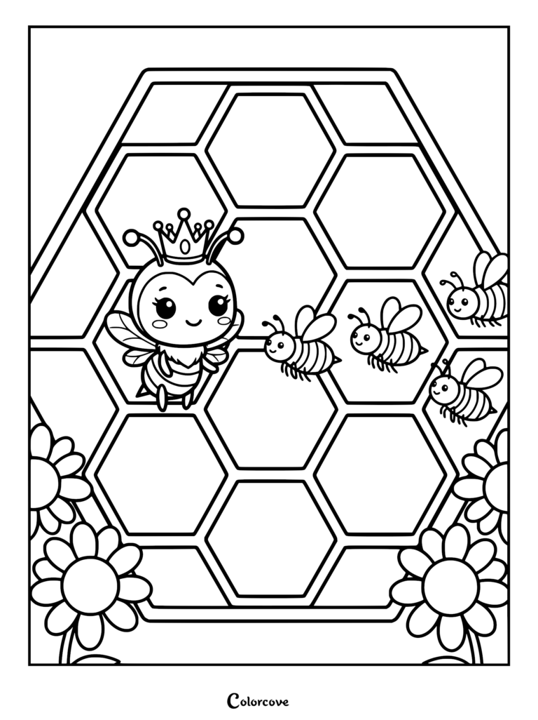 A cute Queen Bee wearing a crown inside a honeycomb with three worker bees and flowers in this printable coloring page.