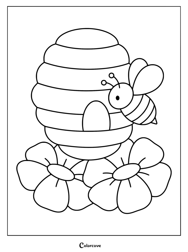 A simple line art coloring page featuring a cute honey bee hovering next to a striped beehive resting on two large flowers.