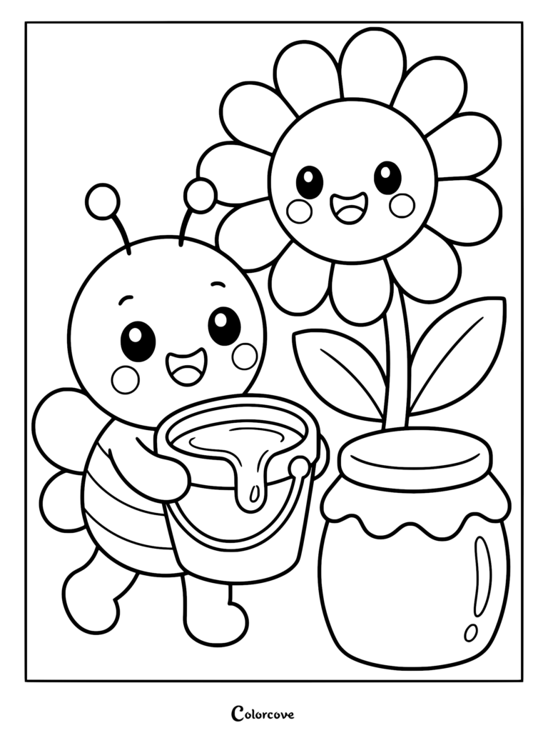 A cute honey bee holding a bucket of honey next to a smiling flower and a honey jar on this printable coloring page.