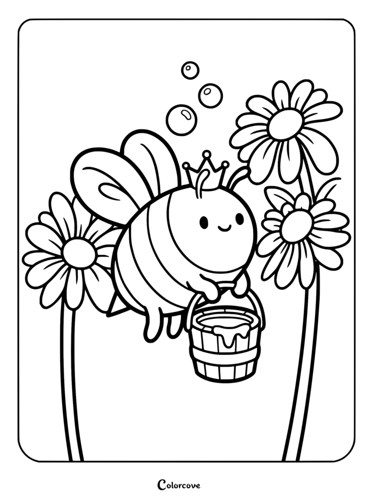 A cute queen bee wearing a crown and holding a bucket of honey between two daisies in this printable coloring page.