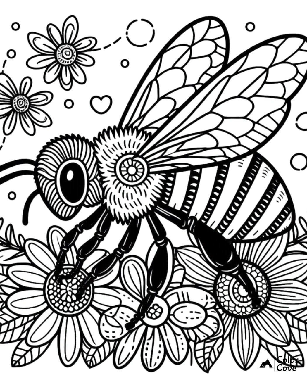 a bee with flowers and leaves