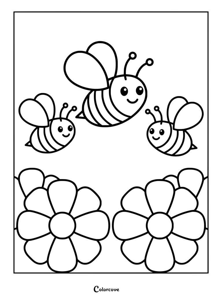 Three cute cartoon honey bees flying above two large daisy flowers in a simple line art coloring page.