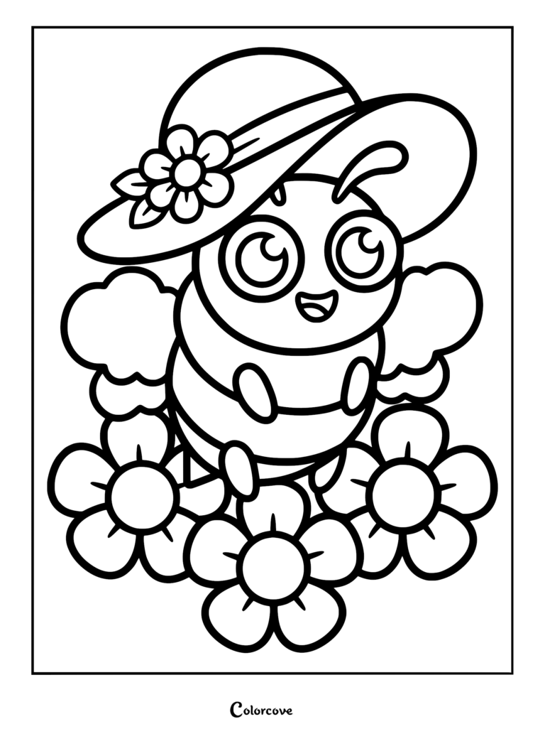 A cute honey bee wearing a large flower-adorned sun hat hovering over a cluster of flowers in this printable coloring page.