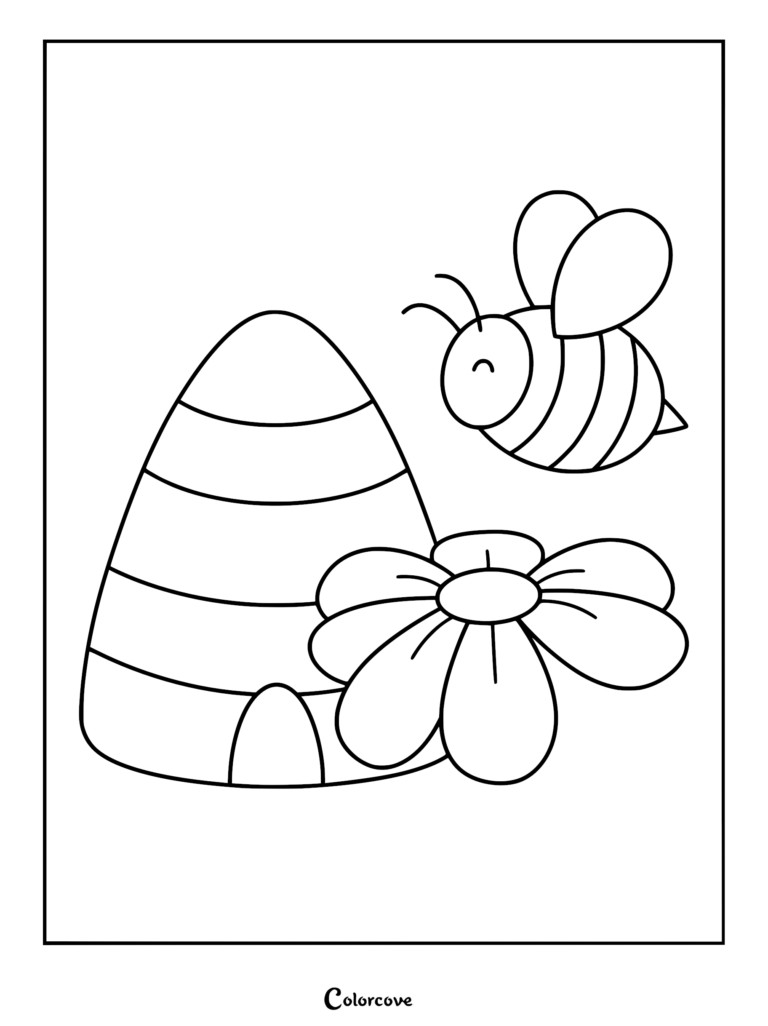 A cute cartoon honey bee flying next to a beehive and a large flower in this printable coloring page.