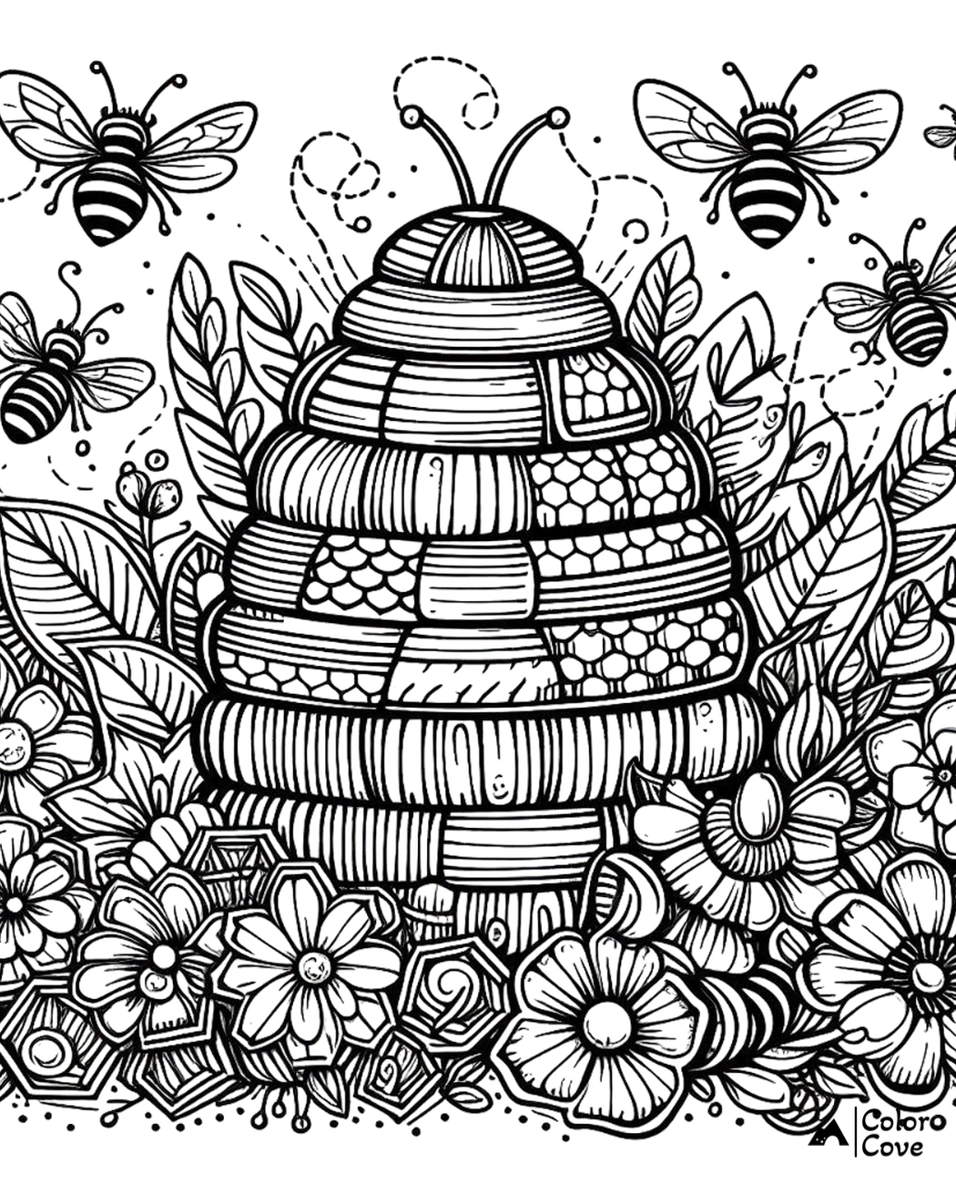 a bee hive surrounded by flowers and bees