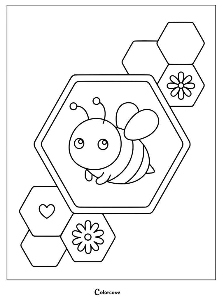 A cute honey bee inside a large hexagon surrounded by smaller hexagons with flowers and a heart in this printable coloring page.