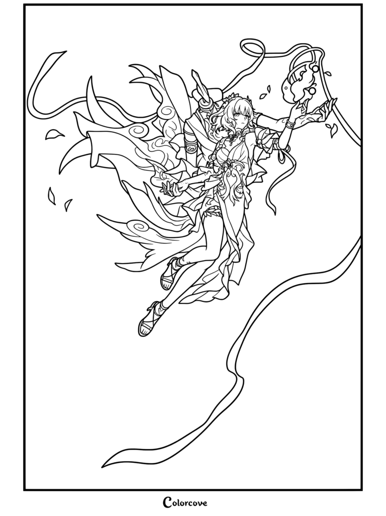 Dibujo para colorear del retrato de Aglaea de Honkai Star Rail con un detallado arte lineal del personaje en una pose dinámica.