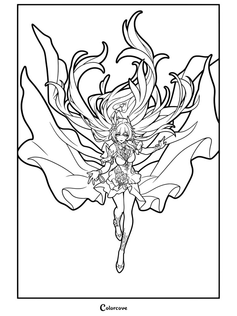 Dibujo para colorear del retrato de Cyrene de Honkai Star Rail luciendo cabello ondeante y un detallado vestido floral.