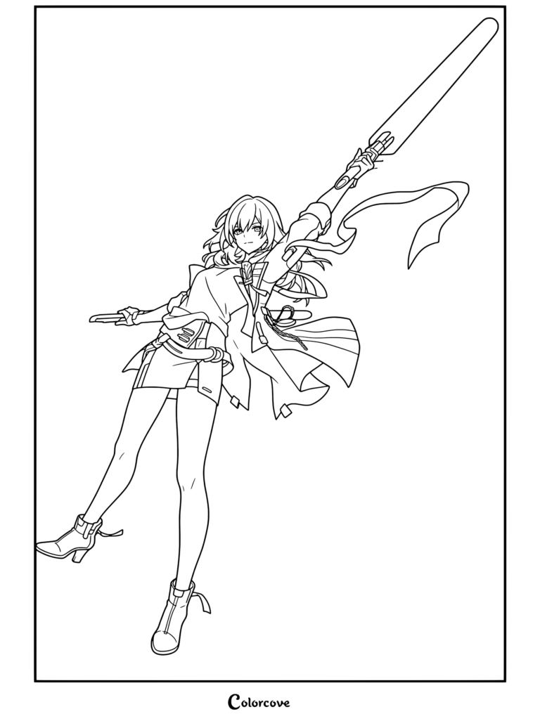 Dibujo para colorear e imprimir de la Trazacaminos (F) de la Exultación de Honkai Star Rail en una dinámica pose de acción con una gran arma.