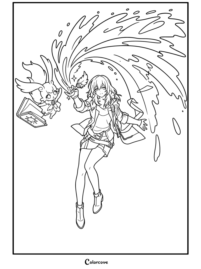 Dibujo para colorear de Honkai Star Rail con la Trazacaminos (F) de la Reminiscencia en una pose de retrato dinámica.