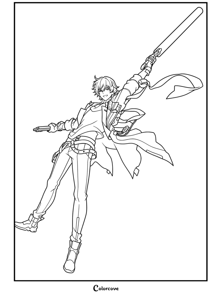Dibujo para colorear de Honkai Star Rail con el Trazacaminos en forma de la Exultación posando dinámicamente con un arma.