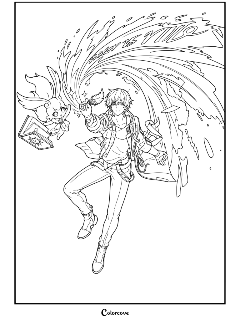 Dibujo para colorear de Honkai Star Rail con el Trazacaminos en la Vía de la Reminiscencia junto a un compañero y efectos mágicos de agua que fluye.