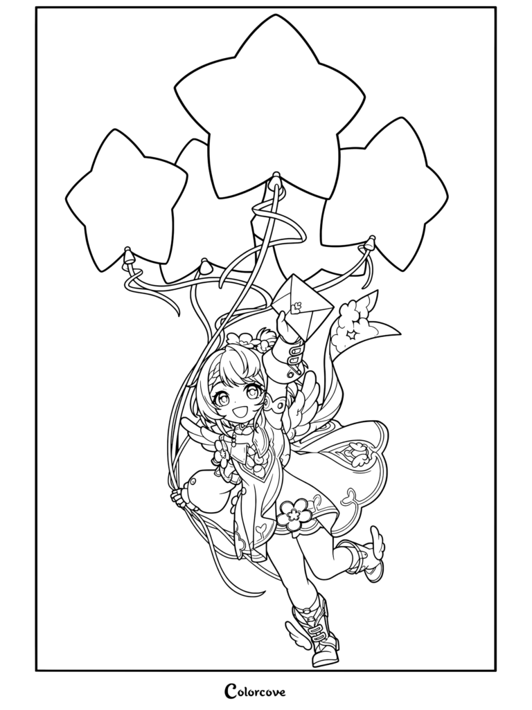 Dibujo para colorear de Honkai Star Rail con Tribbie flotando con globos en forma de estrella y sosteniendo un sobre.