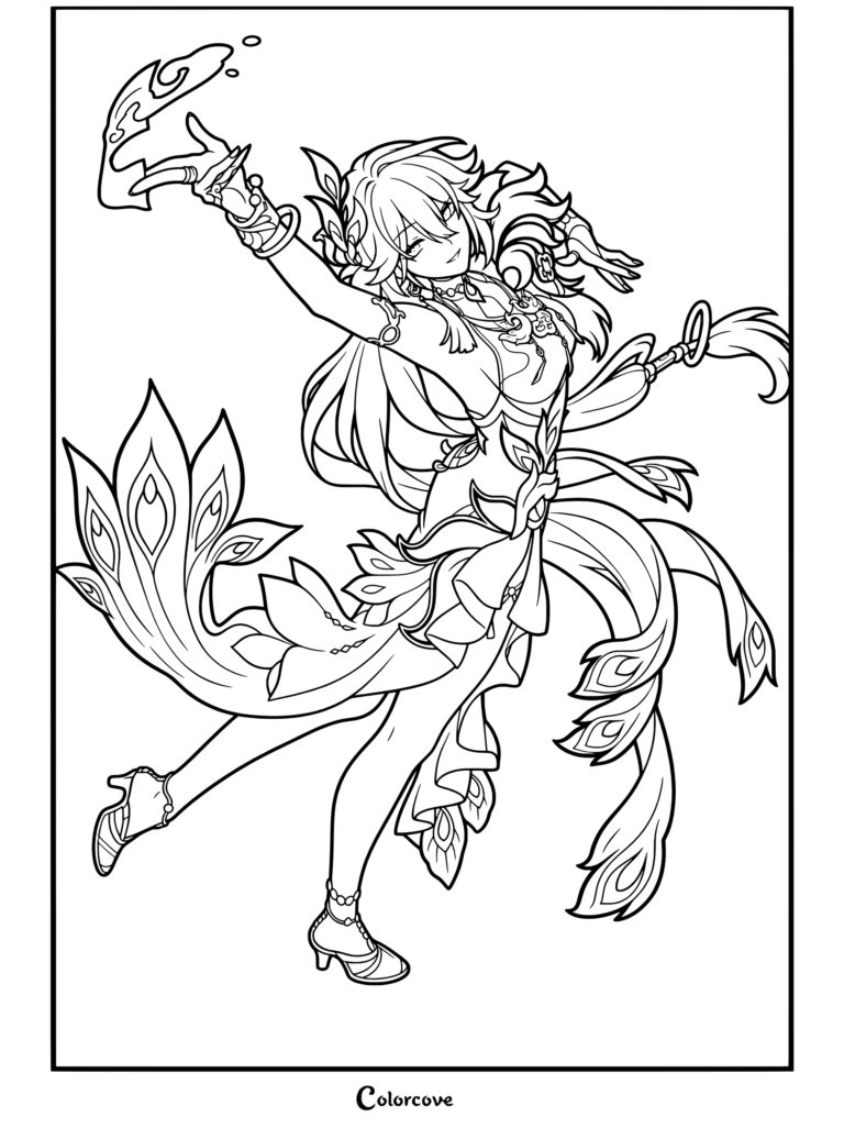 Dibujo para colorear del retrato de Yao Guang de Honkai Star Rail mostrando al personaje en una pose dinámica
