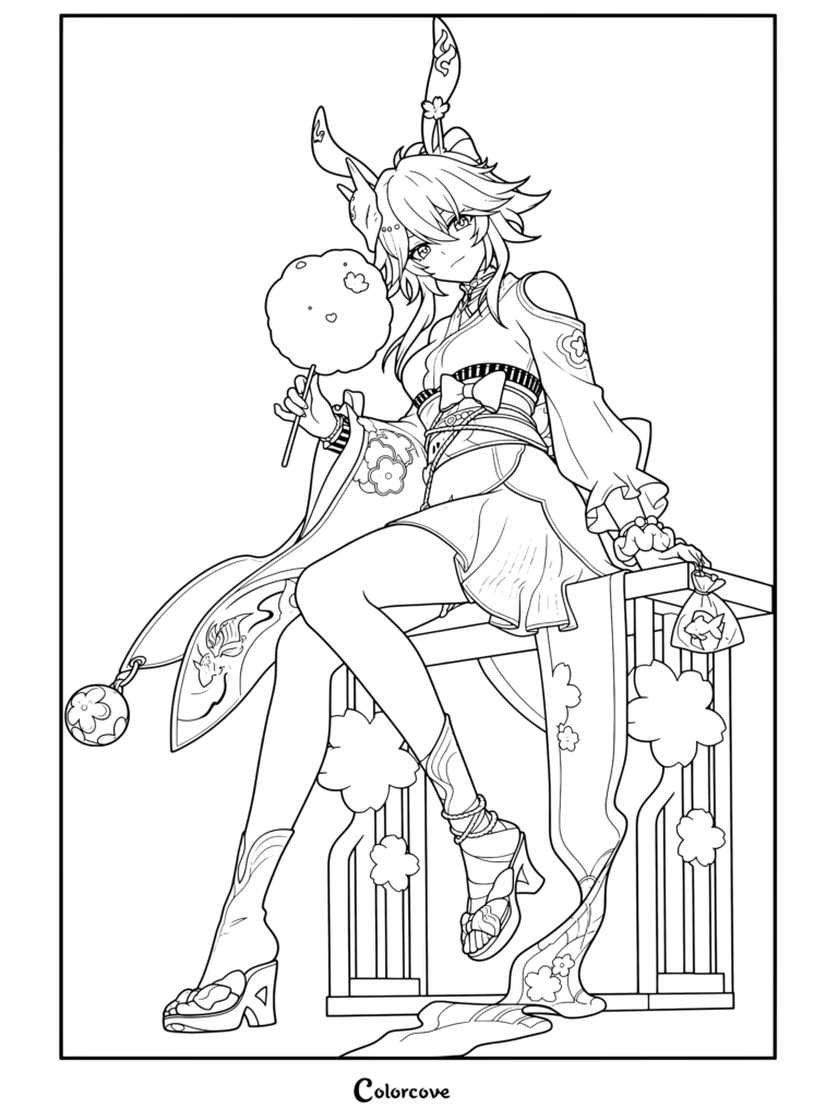 Dibujo para colorear de Honkai Star Rail con Evanescia en un retrato de florecimiento lunar sosteniendo algodón de azúcar.