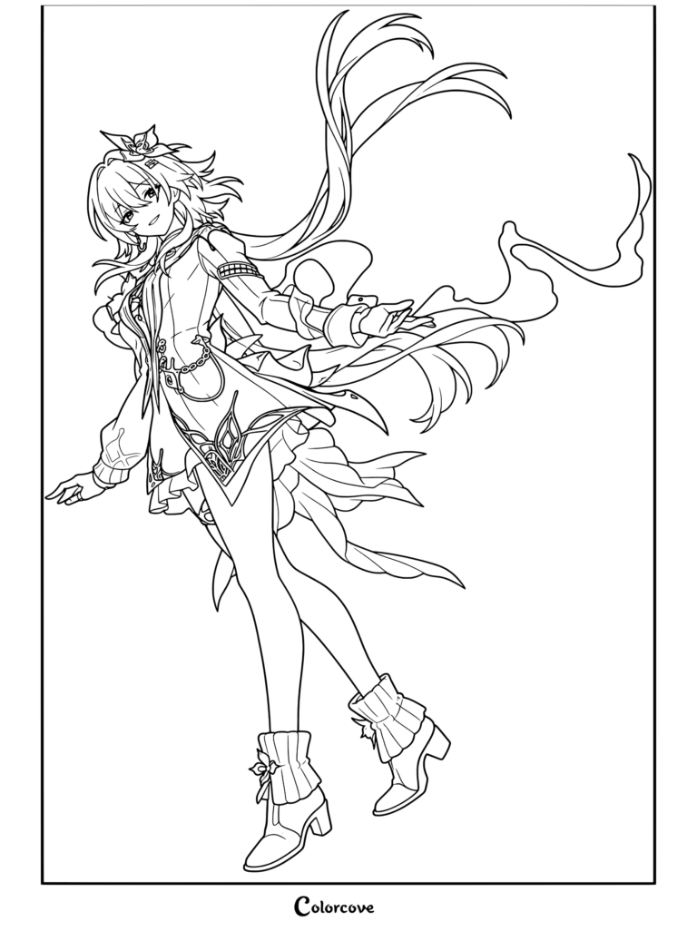 Dibujo para colorear de Honkai Star Rail con el retrato de Evernight con cabello largo ondulante y botas elegantes.