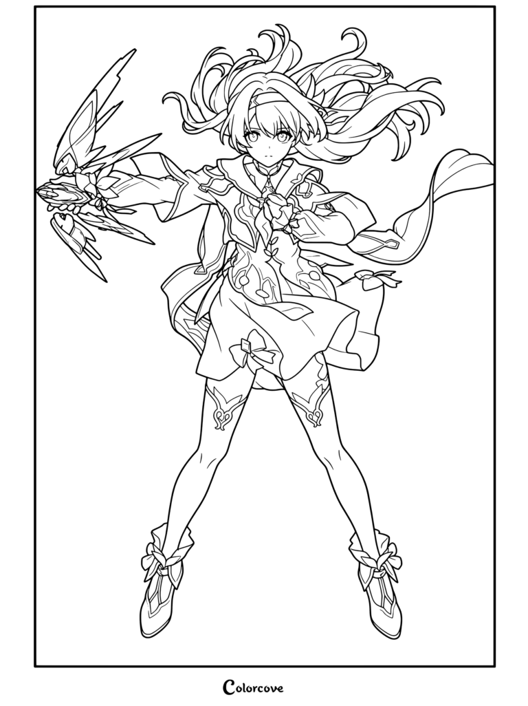 Dibujo detallado para colorear de Luciérnaga de Honkai Star Rail posando con su guantelete mecánico.