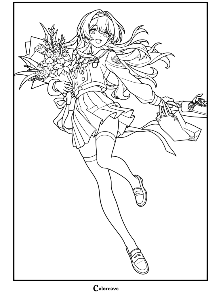 Dibujo para colorear e imprimir gratis de Luciérnaga sosteniendo un gran ramo de flores en Honkai Star Rail.