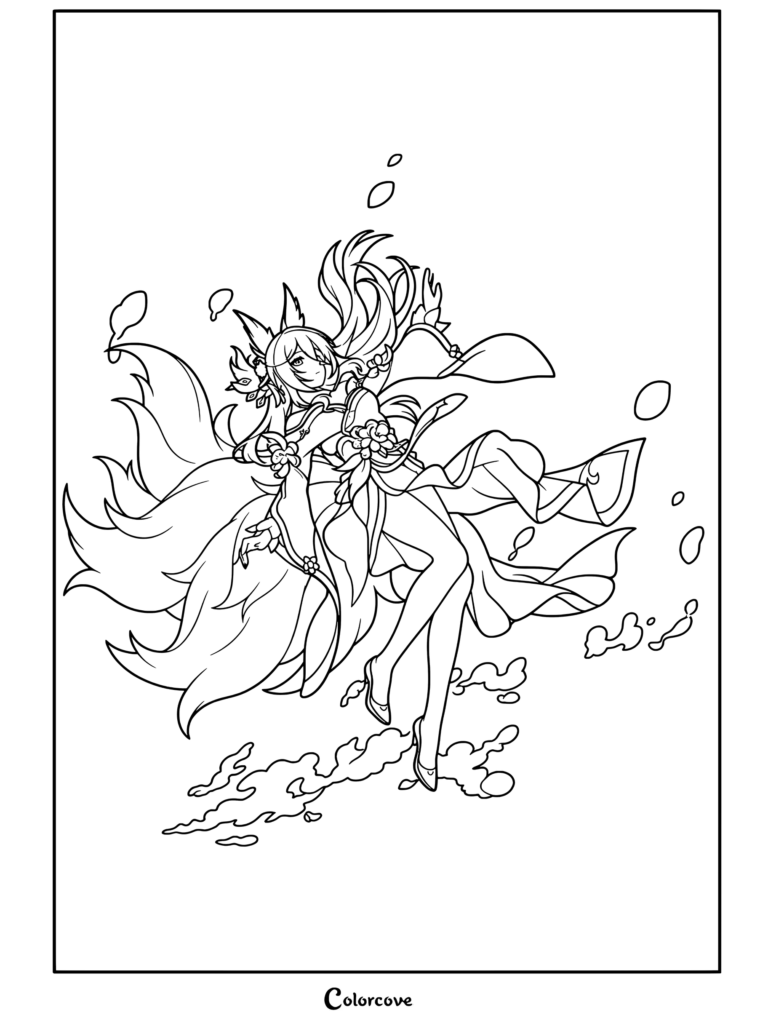 Dibujo para colorear del retrato de Fuga de Honkai Star Rail mostrando un arte lineal del personaje