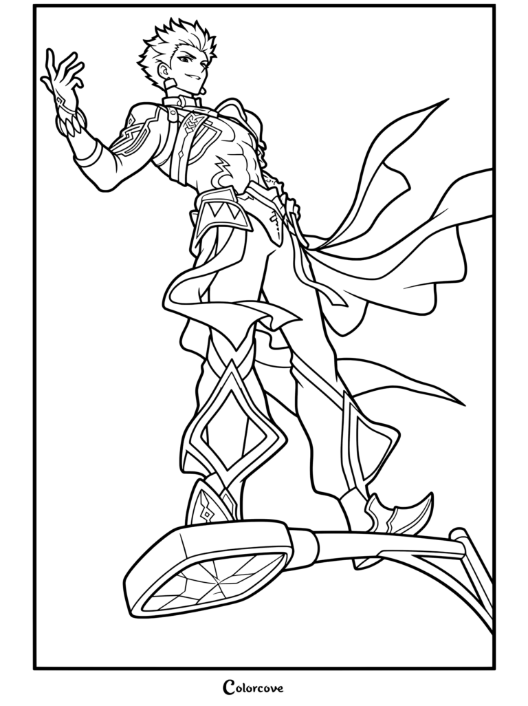 Dibujo para colorear del retrato de Gilgamesh de Honkai Star Rail con un detallado arte lineal del personaje.