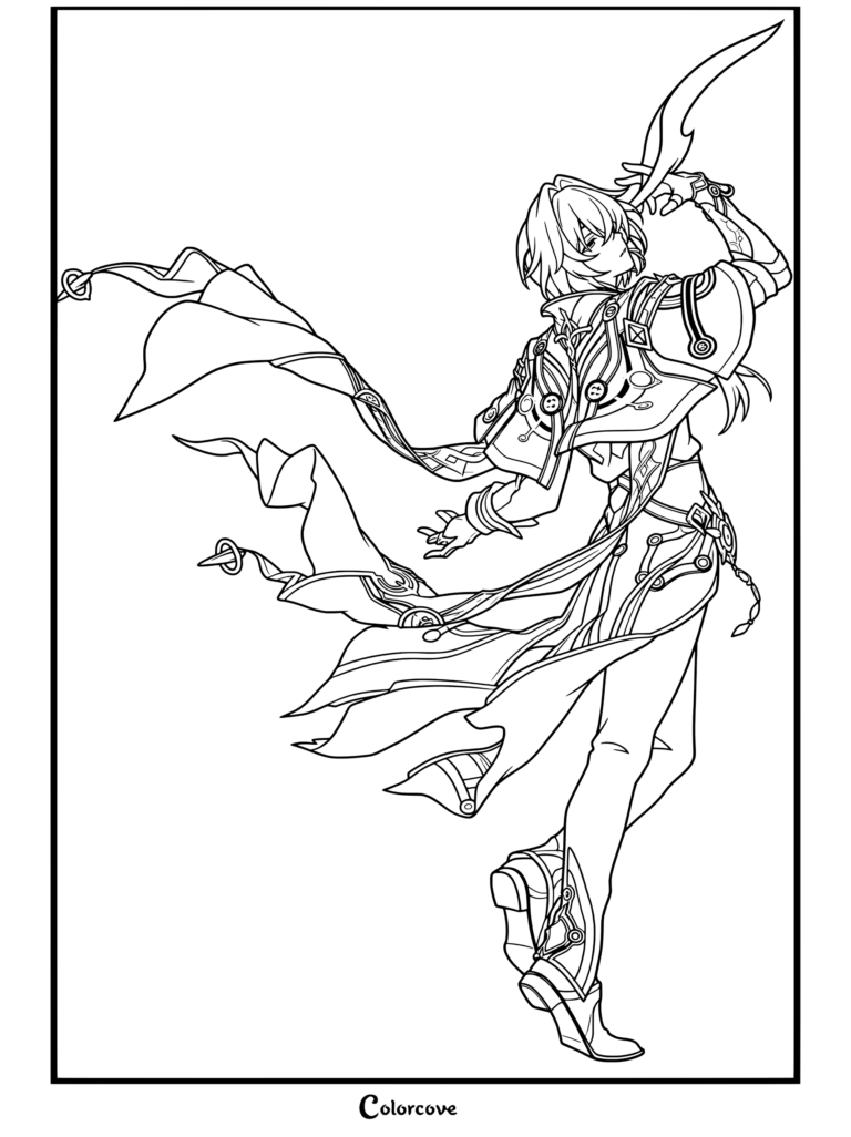 Dibujo detallado para colorear del personaje Anaxa de Honkai Star Rail en una pose dinámica con vestimentas vaporosas.