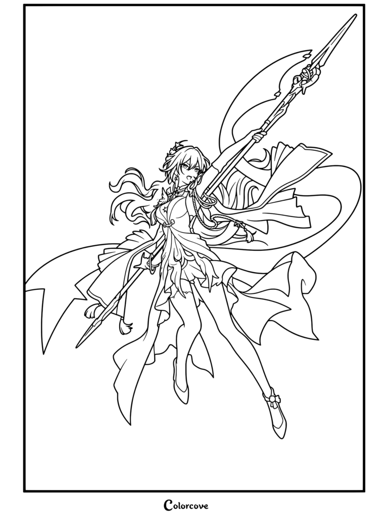 Dibujo para colorear de Honkai Star Rail con Himeko en su atuendo Nova empuñando una larga lanza.